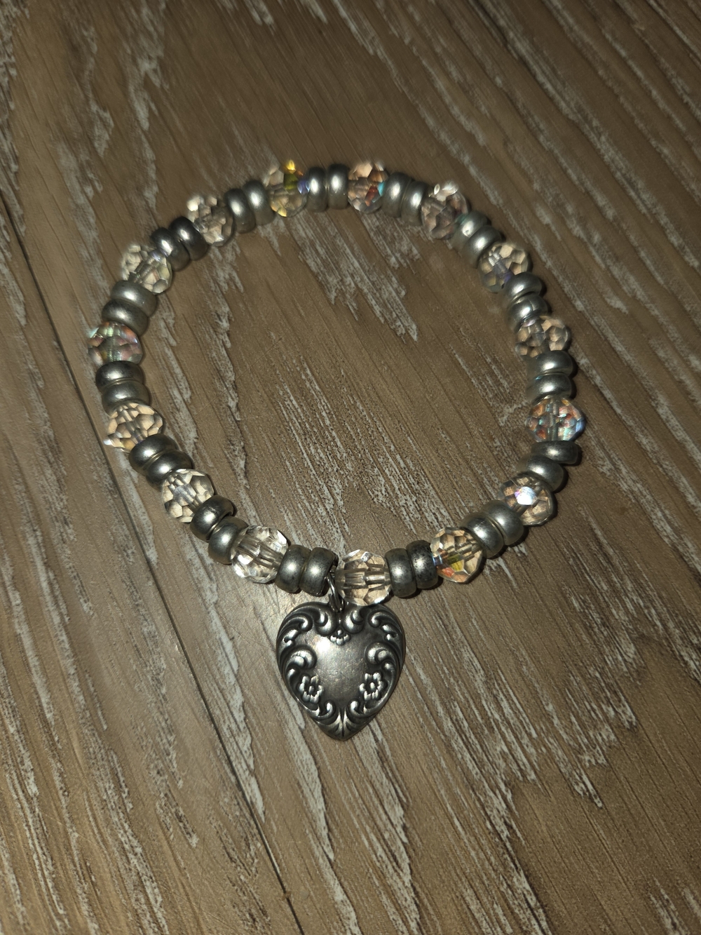 Vintage Sterling Silver Heart Charm Stretch Bracelet with Clear Beads